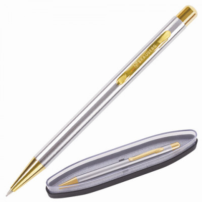 Подарочная шариковая ручка BRAUBERG "Piano" синяя — серебристый корпус с золотом, линия письма 0,5 мм, модель 143472